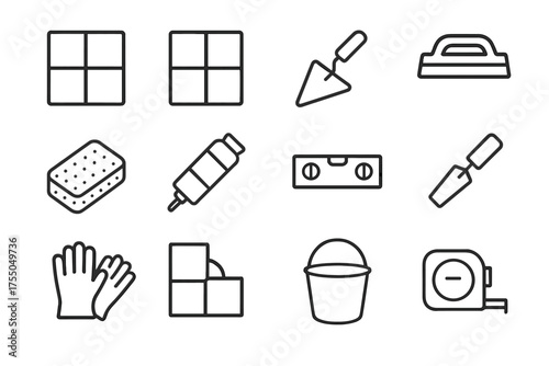 Wall Tiling Icons. Wall tiling. Line icon set of Wall tiling: tile, grout line, trowel, float, sponge, adhesive, level, scraper, rubber gloves, corner tile,