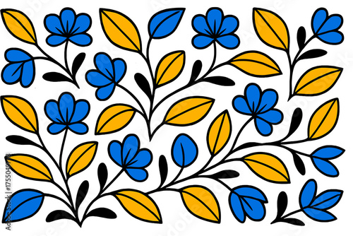 Abstract Floral Harmony. Organic Pattern. Repeating leaves and flowers floating in structured rows, subtle curves creating flow, abstract shapes enhancing