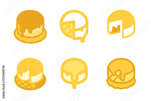 Baked Brie Logos. Baked Brie. Set Logo of Baked Brie: melted brie with crust icon. harmonious logo variations of the same emblematic concept, each with