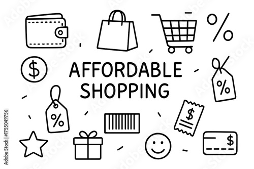 Affordable Shopping Icons. Affordable shopping. Hand-drawn doodle illustration affordable shopping wallet, coin, shopping bag, cart, percent sign, price tag,
