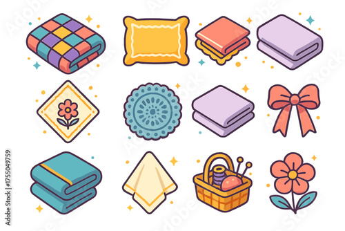 Elegant Linens Icons. Elegant Linens. Colorful isometric vector icons set of elegant linens: quilt, pillowcase, folded tablecloth, embroidered napkin, lace