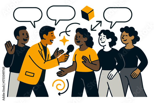 Citizen Voices Unite. Citizen voice. Glowing journalist interviewing diverse citizens, microphones and dialogue bubbles floating. Floating icons of sparkle,