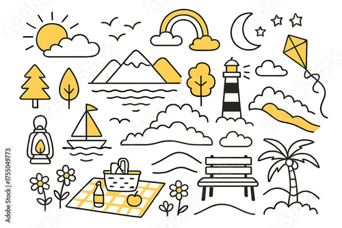 Tranquil Doodle Scene. Peaceful Evening. Hand-drawn doodle illustration Sun, clouds, horizon, mountains, trees, waves, birds, rainbow, reflection, moon, stars,