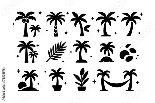 Palm Tree Icons. Palm Trees. Solid icons set of Palm Trees: coconut palm, date palm, young palm, curved trunk palm, cluster of palms, palm leaves, beach palm,