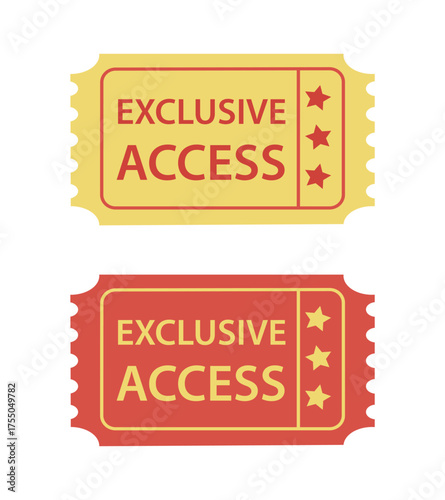 Illustration of two tickets labeled exclusive access, isolated on white background, representing event entry and special privileges