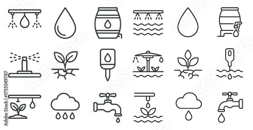Garden irrigation line icons set – silhouette, outline, water supply and farming symbols