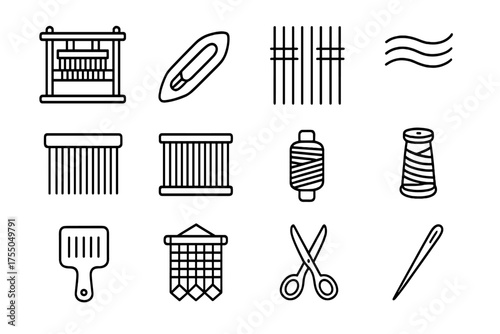 Loom Weaving Icons. Loom weaving workshop. Line icon set of Loom weaving workshop: loom frame, shuttle, warp threads, weft threads, heddle, reed, bobbin,