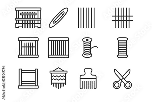 Loom Icon Set. Loom. Line icon set of Loom: weaving loom, shuttle, warp threads, weft threads, heddle, reed, bobbin, thread spool, loom frame, tapestry,