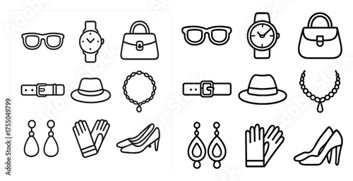 Fashion accessories outline icons set – linear, silhouette, style and trend symbols