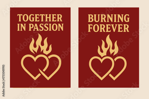 Intertwined Hearts Banners. Together in passion. Two vertical A6 banners with safe margins, centered composition, no elements touching edges, flat vector