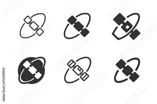 Space Station Logos. Space Station. Set Logo of Space Station: stylized orbiting modules icon. harmonious logo variations of the same emblematic concept, each