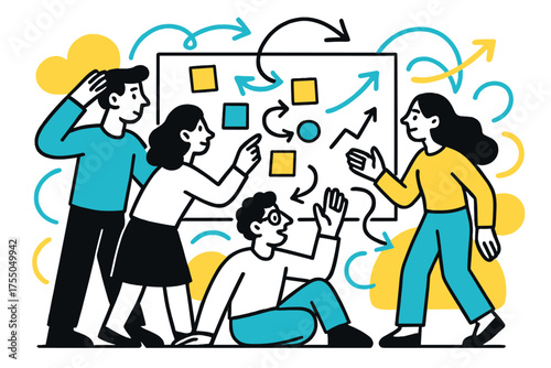 Collaborative Idea Generation. Team Brainstorm. People gathered around a whiteboard with floating sticky notes and diagrams, abstract arrows showing ideas
