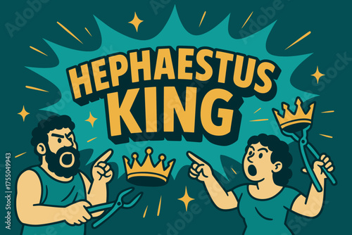 Hephaestus King Banner. Hephaestus King banner, flat vector illustration, bold oversized text inside splash explosion, cartoon characters shouting