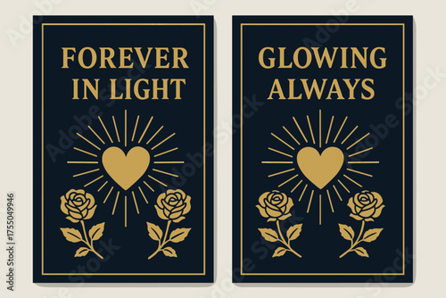 Navy and Gold Banners. Forever in light. Two vertical A6 banners with safe margins, centered composition, no elements touching edges, bold, navy and gold,