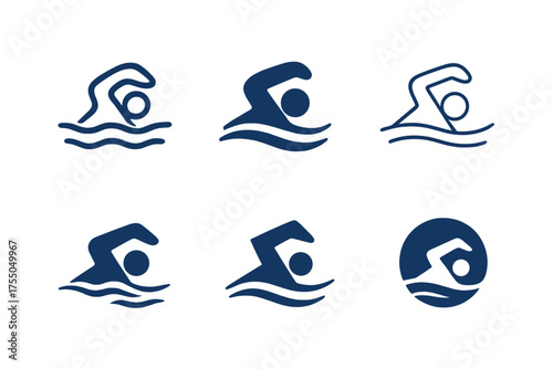 Diverse Swimmer Logos. Open Water. Set Logo of Open Water: swimmer silhouette in water. harmonious logo variations of the same emblematic concept, each with