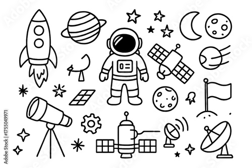 Space Exploration Doodle. Space exploration. Hand-drawn doodle illustration space exploration rocket, astronaut, satellite, planet, moon, star, telescope,