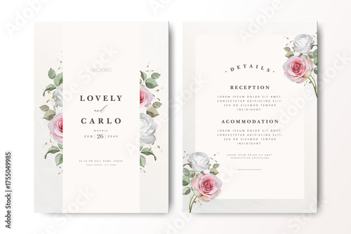 Elegant wedding invitation card design with soft pastel roses and greenery, featuring a romantic, clean layout. Ideal for a personalized wedding invitation with reception and accommodation details.