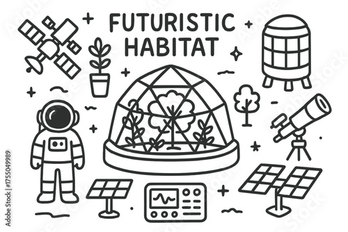 Futuristic Space Habitat. Futuristic Habitat. Hand-drawn doodle illustration Futuristic Habitat space station dome module garden tree plant greenhouse solar