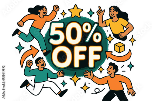 Vibrant Discount Extravaganza. Discount emphasis. Glowing oversized "% OFF" typography with stars and arrows surrounding. Floating icons of sparkle, star, and