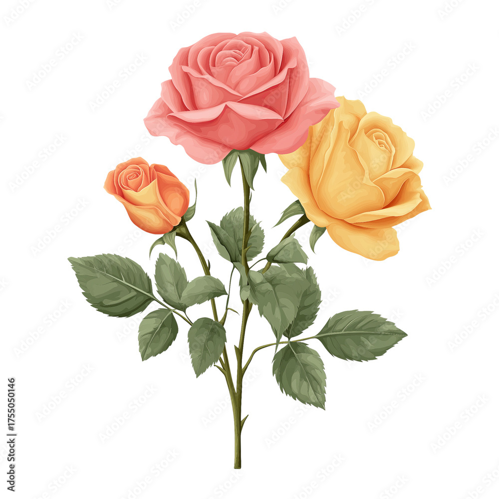 Naklejka premium Pink Yellow Orange Roses Stem Leaves isolated on a transparent background