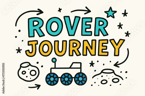Rover Journey Doodle. Doodle / Sketch: "Rover Journey" ? playful hand-drawn letters, rough outlines, arrows, rover wheels, craters, and stars doodles, casual