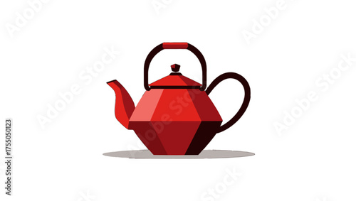A stylish red faceted teapot with a geometric design, isolated on a white background. Vector illustration of modern kitchenware for brewing tea