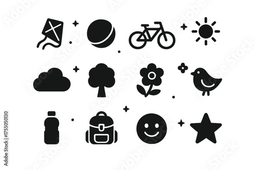 Outdoor Fun Icons. Outdoor fun. Solid icons set of Outdoor fun: kite, ball, bicycle, sun, cloud, tree, flower, bird, water bottle, backpack, smiling face,