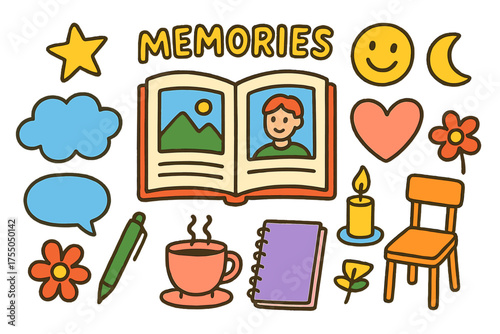 Memories Illustration. Memories. Colorful Hand-drawn doodle Children illustration photo album, open book, heart, star, smiley face, flower, moon, cloud, speech