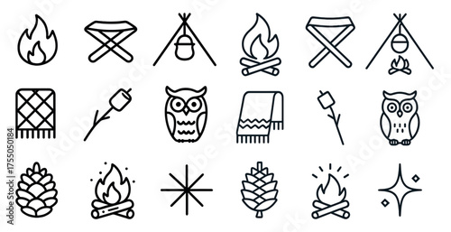 Camping and outdoor line icons set – outline, silhouette, adventure symbols
