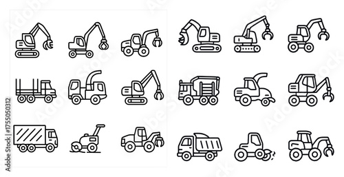 Construction machinery outline icons set – line, tools, equipment symbols