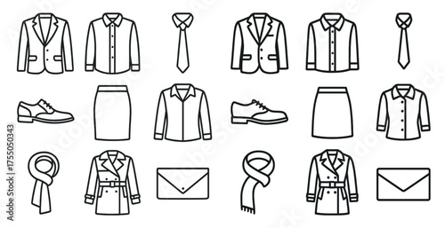 Fashion and clothing outline icons set – linear, garments, style collection symbols