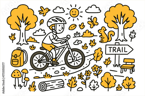 Trail Biking Adventure. Trail Biking. Hand-drawn doodle illustration Person, bicycle, helmet, forest path, trees, leaves, backpack, water bottle, rocks, trail,