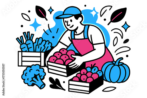 Vibrant Produce Display. Fresh Produce. A glowing worker arranging fruits and vegetables, abstract floating spark and leaf icons symbolizing freshness. Modern