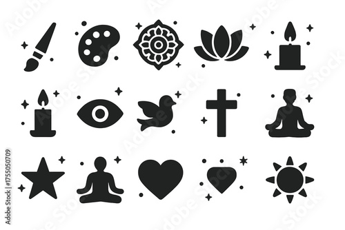 Spirituality and Art Icons. Art and spirituality. Solid icons set of Art and spirituality: paintbrush, palette, mandala, lotus flower, candle, eye, dove,