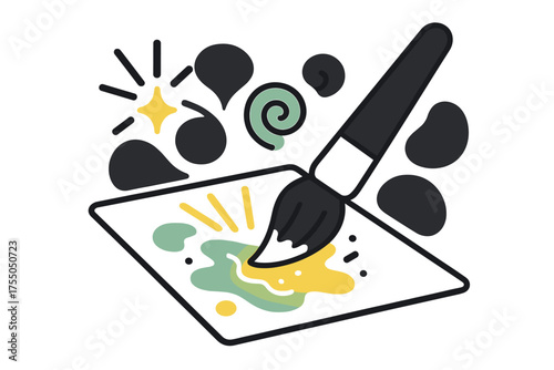 Glowing Brush Fluidity. Wet Technique. A glowing brush touching wet paper with colors spreading, abstract spark and swirl icons symbolizing fluidity. Modern