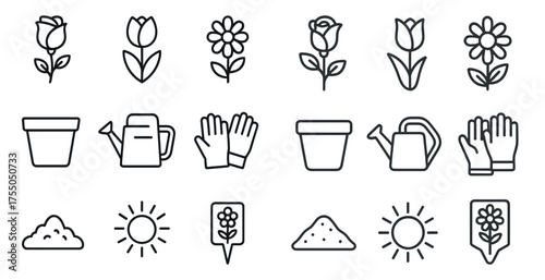 Gardening tools line icons set – outline, plant care, horticulture design elements