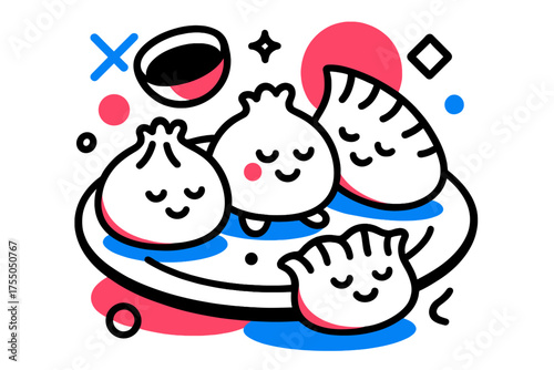 Geometric Dim Sum Art. Dim Sum Style. Abstract geometric dumplings on plate with floating soy sauce dish and geometric accents, playful traditional vibe.