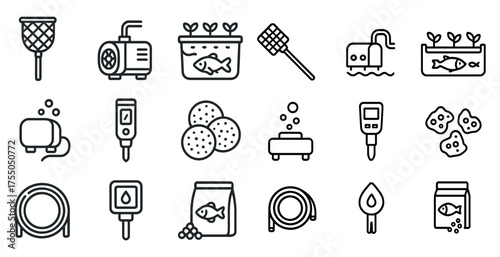 Aquarium and aquatic line icons set – linear, outline, fish tank and water life graphics