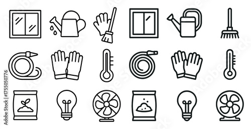 Gardening tools outline icons set – flat, linear, horticulture and landscaping symbols