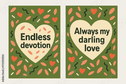 Endless Devotion Banners. Endless devotion. Two vertical A6 banners with safe margins, centered composition, no elements touching edges, memphis, olive green