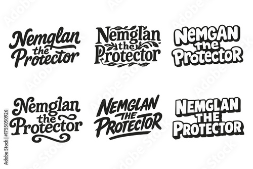 Nemglan Lettering Styles. Nemglan the Protector. Set lettering. harmonious lettering variations of the same emblematic concept (Bold hand-lettering with