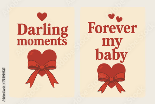 Retro Love Banners. Darling moments. Two vertical A6 banners with safe margins, centered composition, no elements touching edges, retro, red and beige, hearts