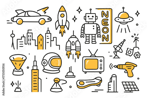 Retro-Futuristic Icons. Retro-Futurism. Hand-drawn doodle illustration Flying car, rocket, robot, neon sign, city skyline, space helmet, jetpack, vintage