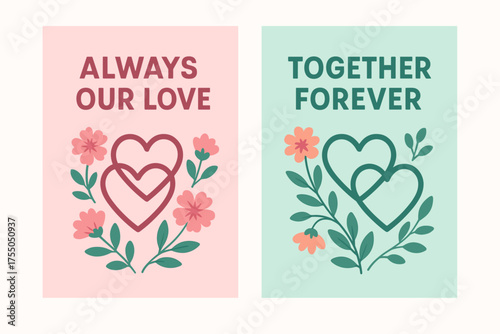 Intertwined Hearts Banners. Always our love. Two vertical A6 banners with safe margins, centered composition, no elements touching edges, flat vector design,
