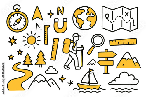 Navigation Doodle Icons. Navigation. Hand-drawn doodle illustration Compass, needle, north arrow, magnet, Earth globe, map, sun, stars, protractor, ruler,