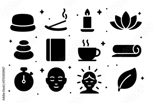 Meditation Tools Icon Set. Meditation Tools. Solid icons set of Meditation Tools: cushion, incense, candle, lotus, zen stones, journal, tea cup, yoga mat,