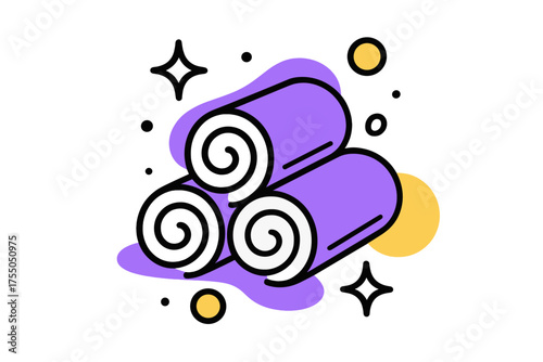 Glowing Spa Towels. Rolled Towels. A glowing spa-style set of rolled cotton towels, abstract spark and circle icons symbolizing relaxation. Modern flat-line