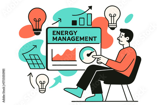 Smart Energy Overview. Energy Management. Person monitoring smart energy dashboard, floating abstract graphs, bulbs, and solar icons, abstract arrows showing