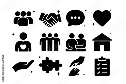 Social Support Icons. Social Support. Solid icons set of Social Support: group of people, handshake, speech bubble, heart, volunteer, team, mentor, community