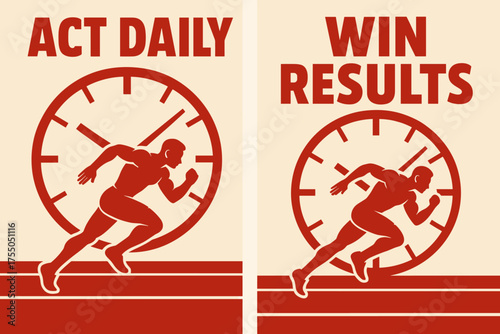 Act Daily, Win Results. Strength. Two vertical A6 banners with safe margins, centered composition, no elements touching edges, bold style, red and beige,